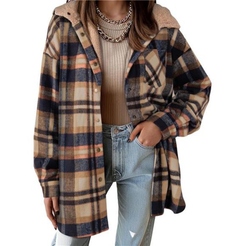 Women's Flannel Hooded Plaid 2025 Shacket Thick Coat Winter Coat